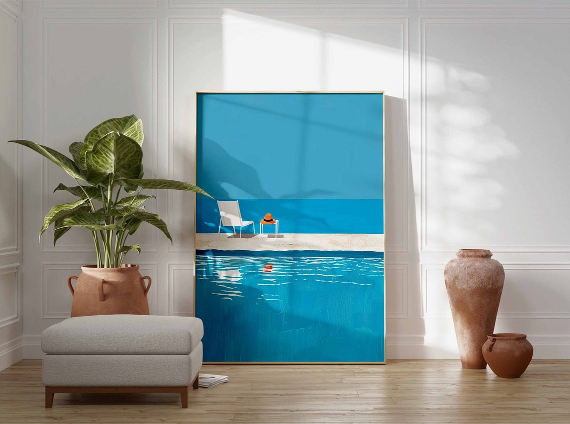 Minimalist Poolside Scene With Lounge Chair Turquoise Pool Poster - Image 2