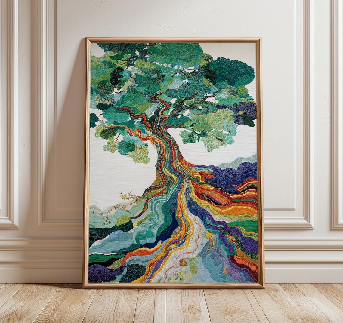 Vibrant Abstract Tree Poster With Rainbow Roots And Green Canopy Artwork