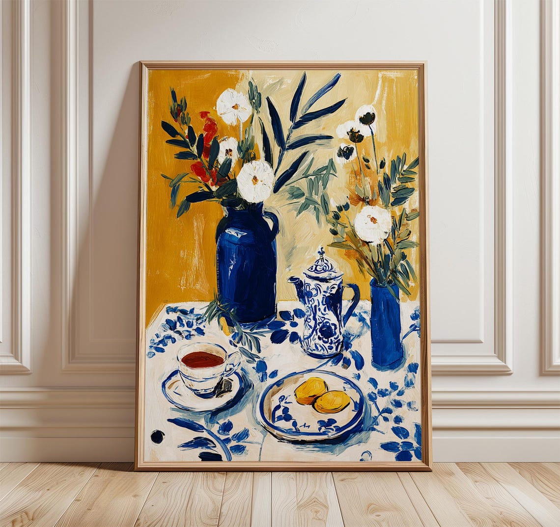 Blue White Delft Floral Still Life Tea Set Vintage Garden Poster
