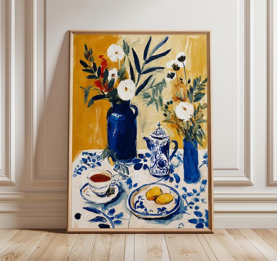 Blue And White Floral Still Life Poster Vintage Tea Set Wall Art Bold Yellow Background Modern Kitchen Decor Dining Room Print