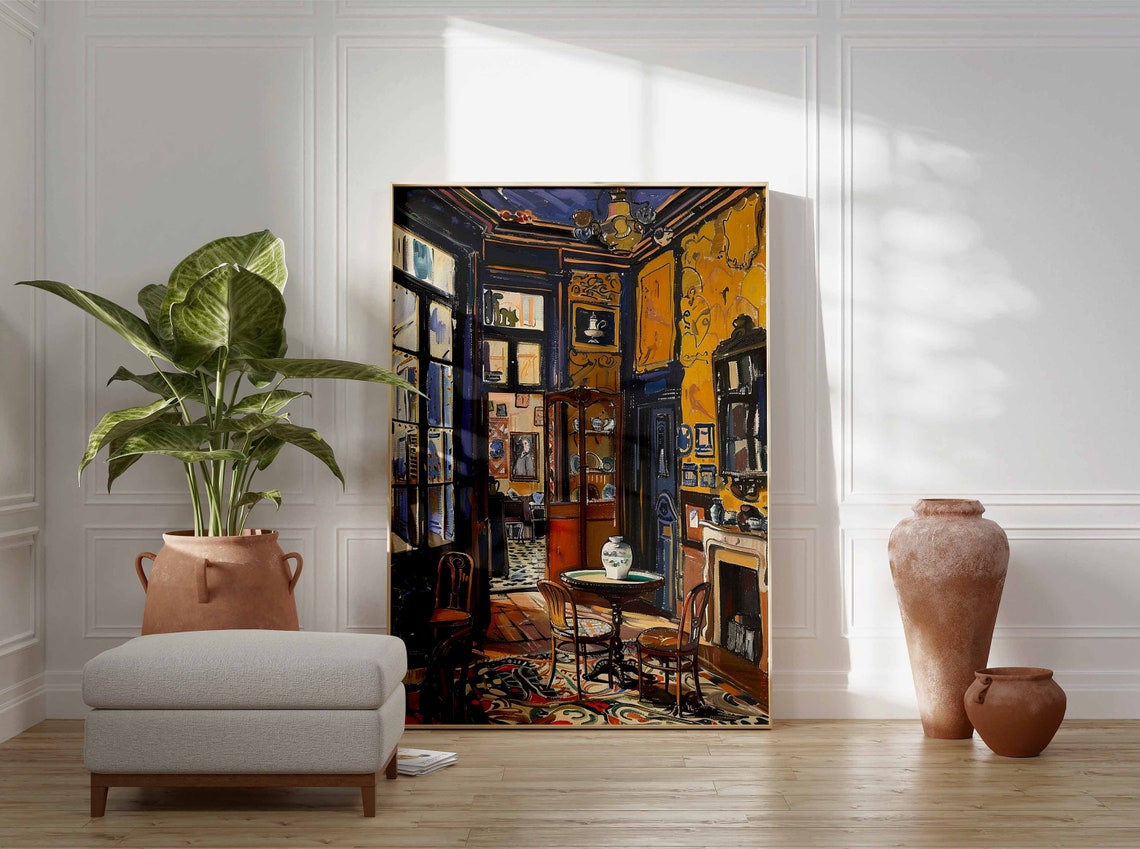 Blue And Gold Dining Room Fireplace Chairs Elegant Vintage Print - Image 3