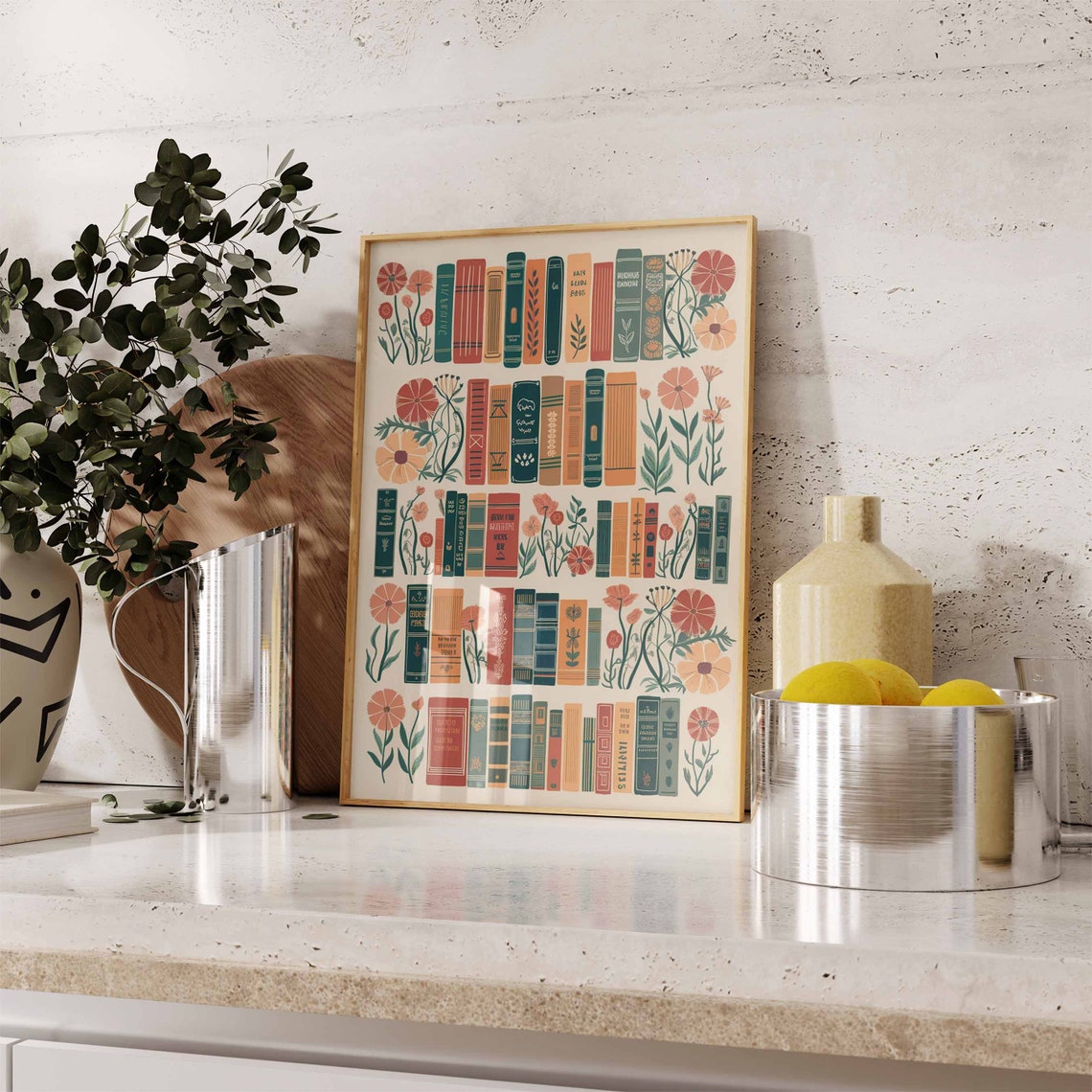 Vintage Library Book Spines with Red Poppies Reading Room Poster - Image 2