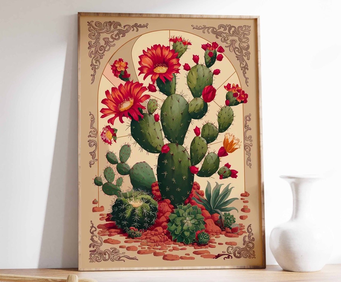 Prickly Pear Cactus In Arch Frame Red Bloom Vintage Art Poster