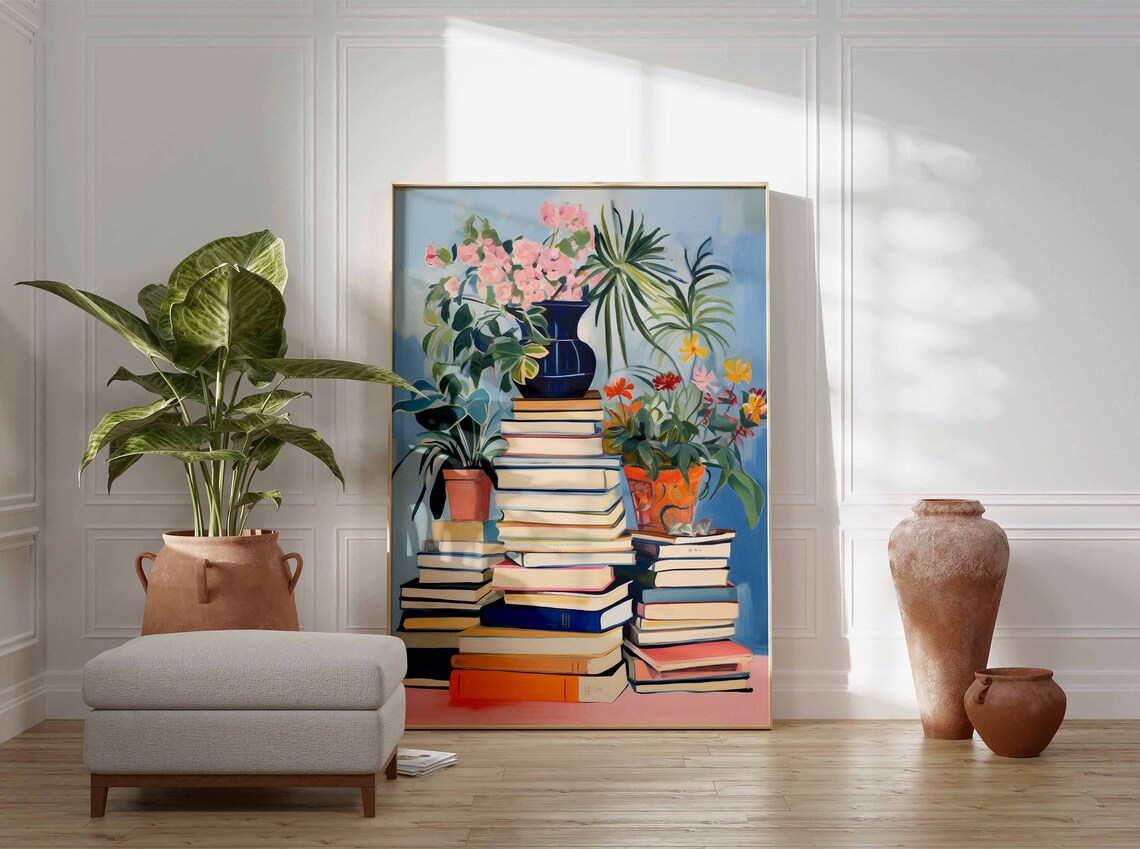 Stacked Books with Potted Plants Pastel Floral Still Life Art Poster - Image 3