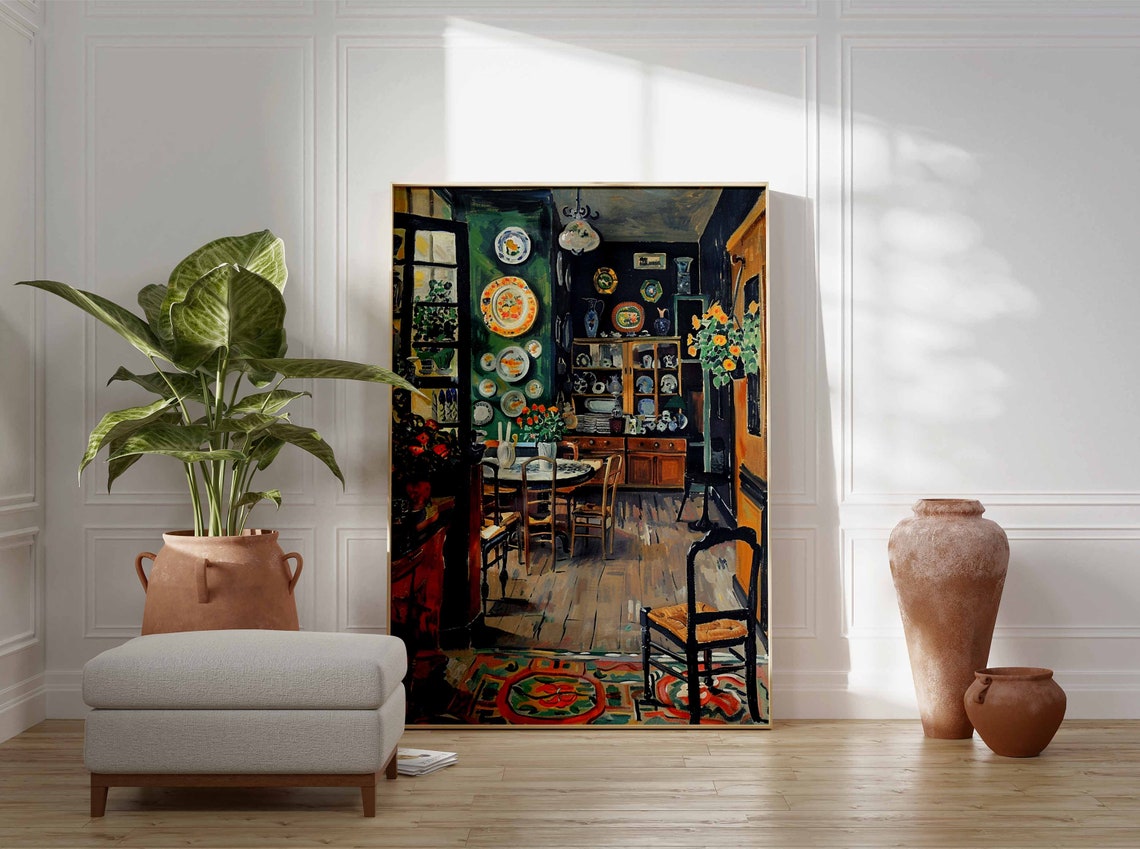 Cozy Dining Room Decorative Plates Green Wall Home Style Art Print - Image 3