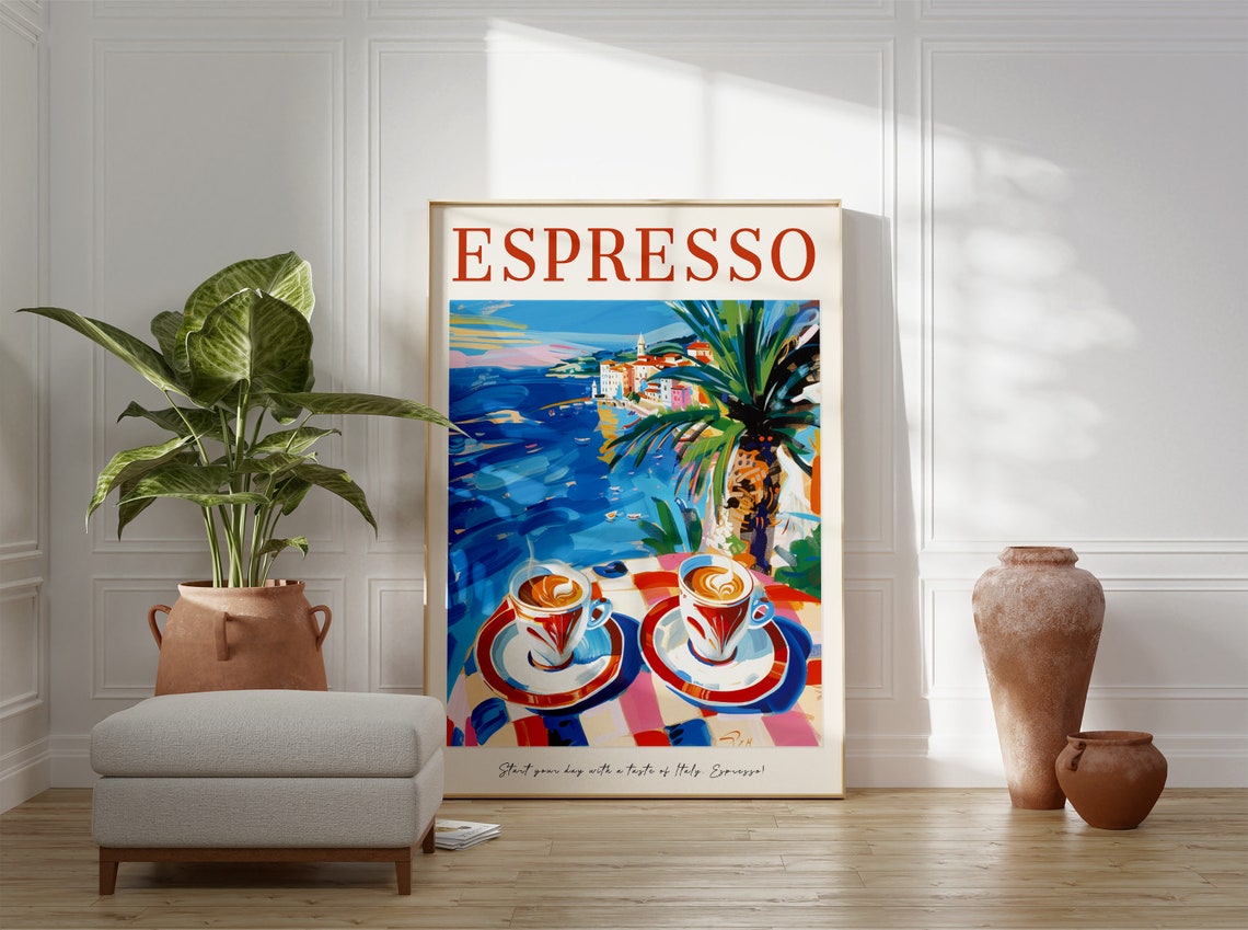 Espresso Italian Coffee Poster Coastal Cafe Retro Illustration - Image 3