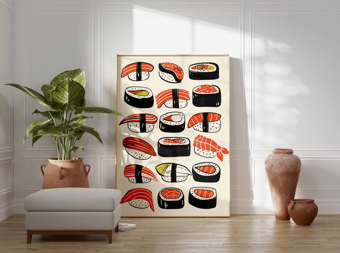 Bold Retro Sushi Illustrations Orange Black Cream Japanese Art Poster - Image 3