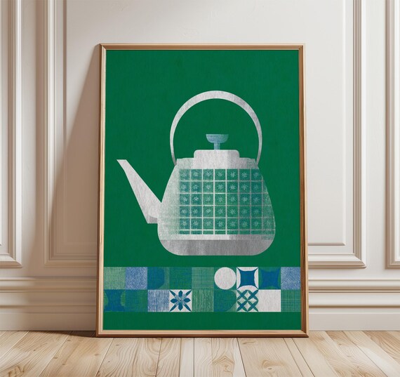 White Geometric Teapot Mid Century Modern Green Kitchen Art Poster