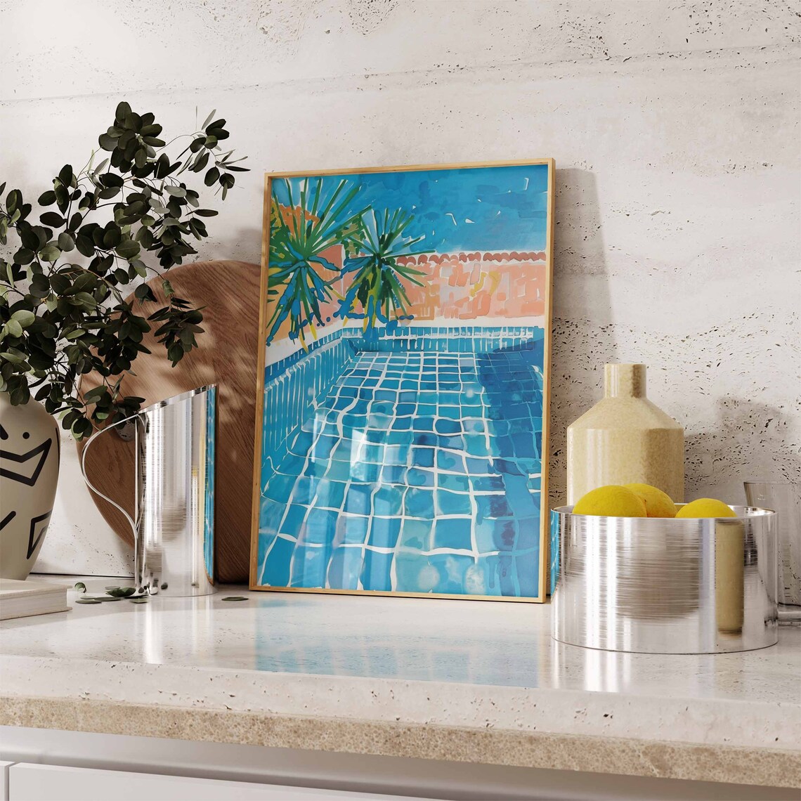 Swimming Pool Watercolor Blue Tiled Palm Trees Summer Art Poster - Image 2