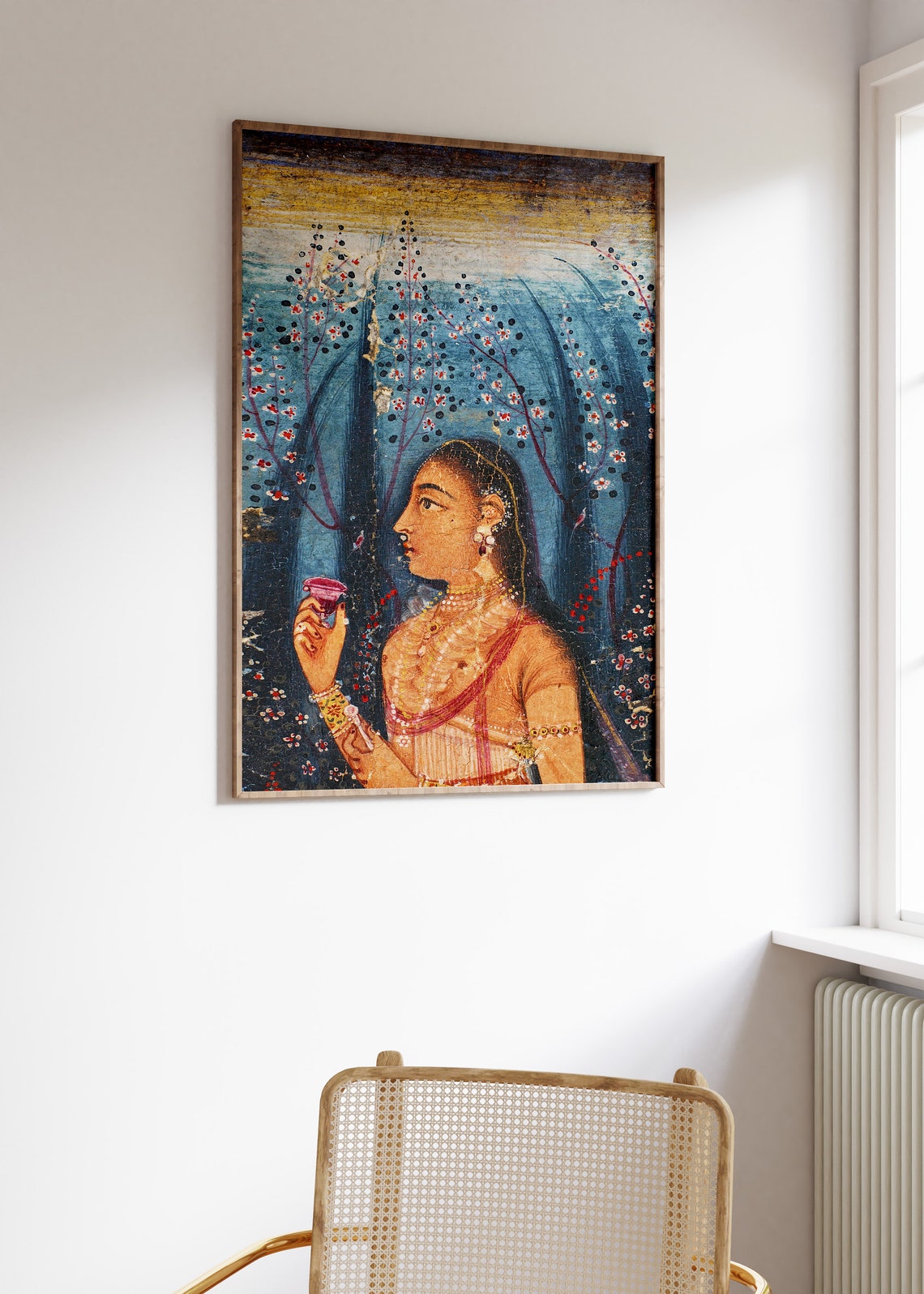 Indian Mughal Style Miniature Lady Portrait Floral Night Poster - Image 2