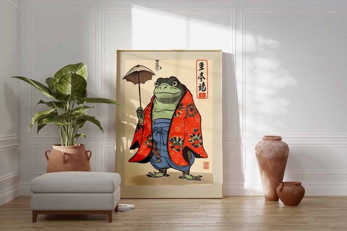 Japanese Frog Umbrella Kimono Vintage Woodblock Artwork Poster - Image 3