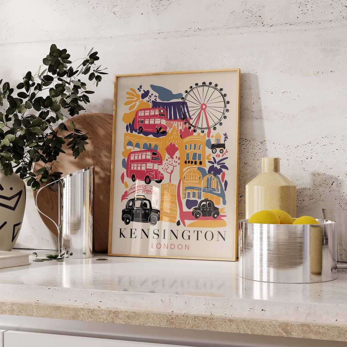 Kensington London Icons Buses Taxis And The Eye Collage Poster - Image 2