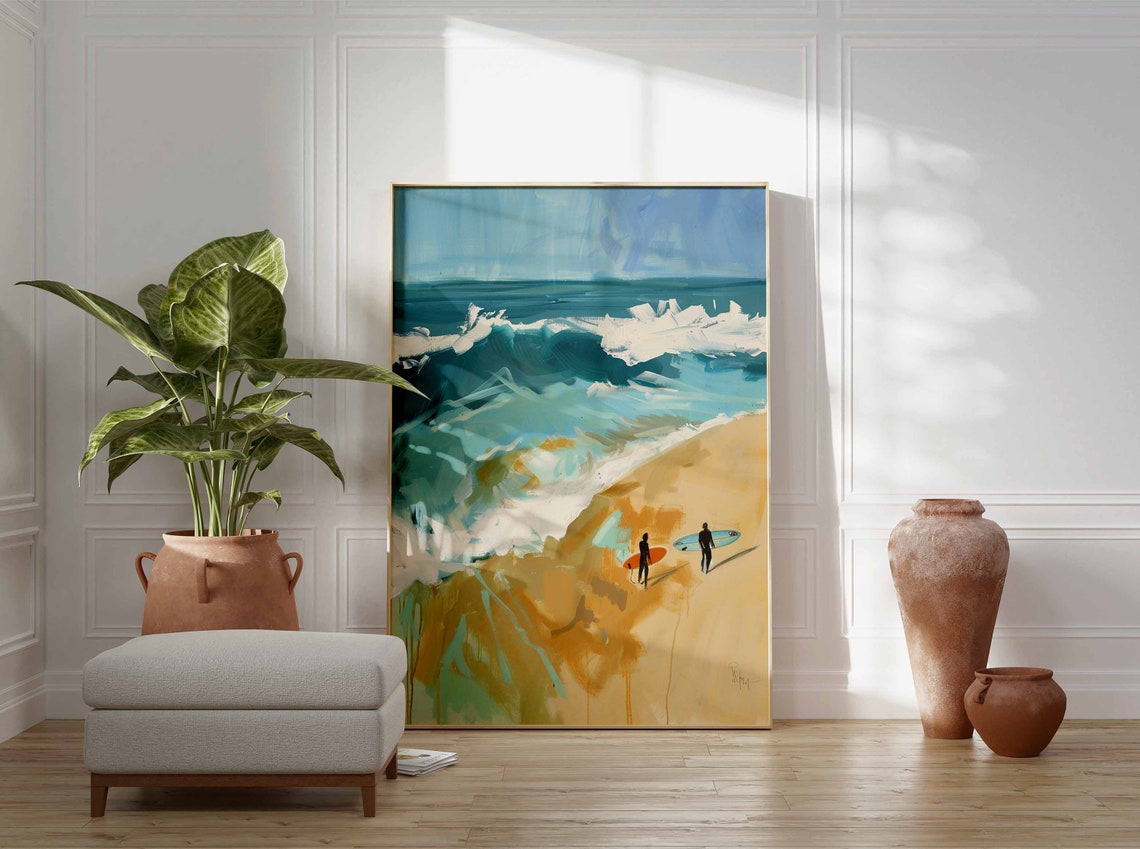 Two Surfers Walking on the Sand Beside Crashing Ocean Waves Poster - Image 3