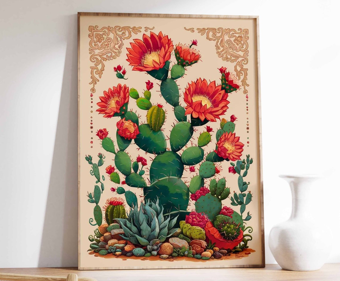 Opuntia Prickly Pear Red Blooms Agave Rocks Botanical Poster
