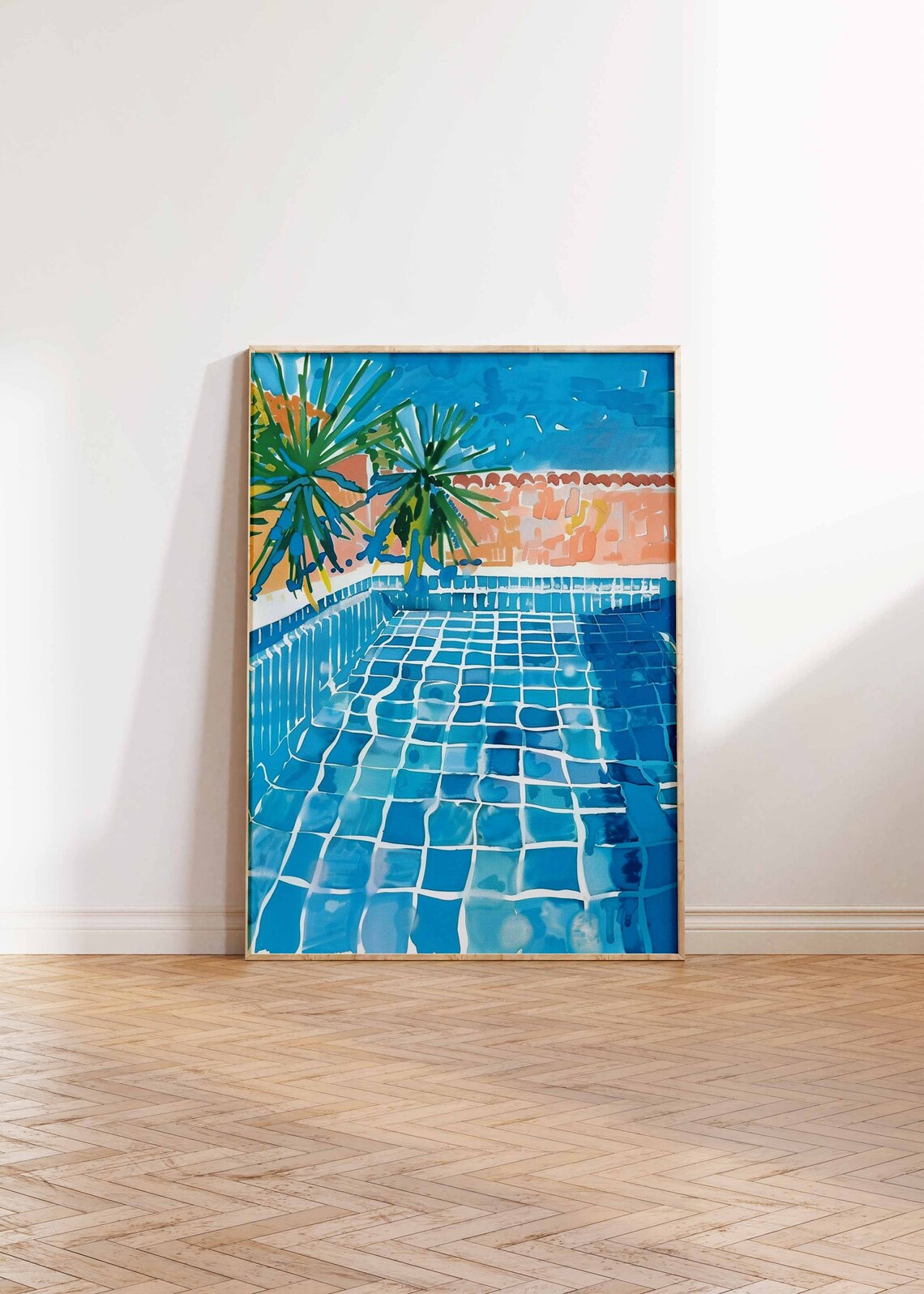 Swimming Pool Watercolor Blue Tiled Palm Trees Summer Art Poster - Image 3