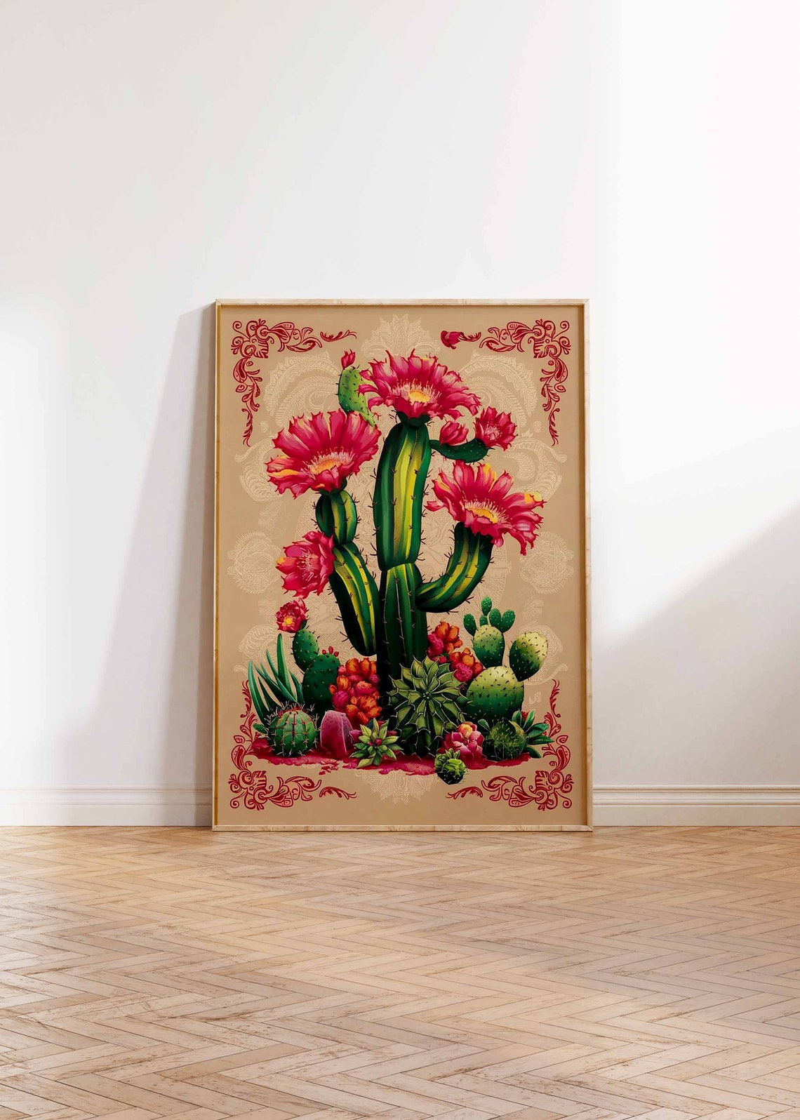Blooming Columnar Cactus Pink Flowers Desert Botanical Poster - Image 3