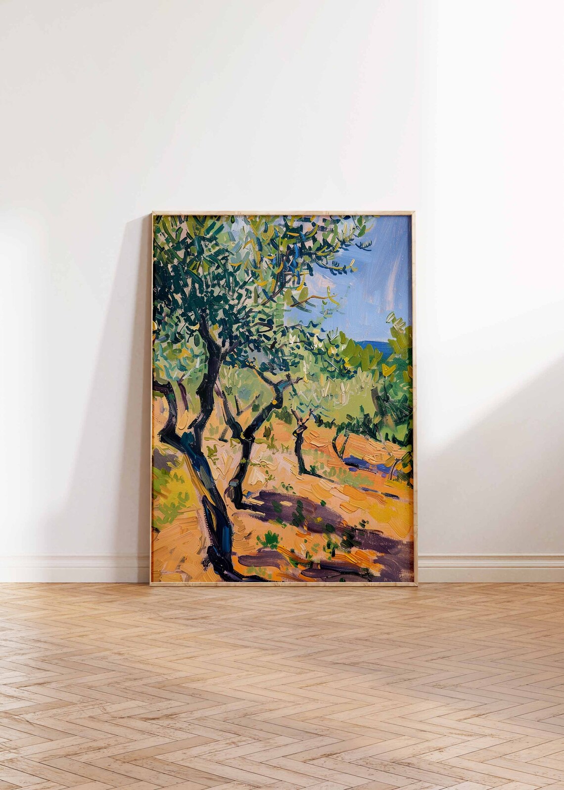Olive Trees on Golden Hillside Blue Sky Oil Painting Art Print - Image 2