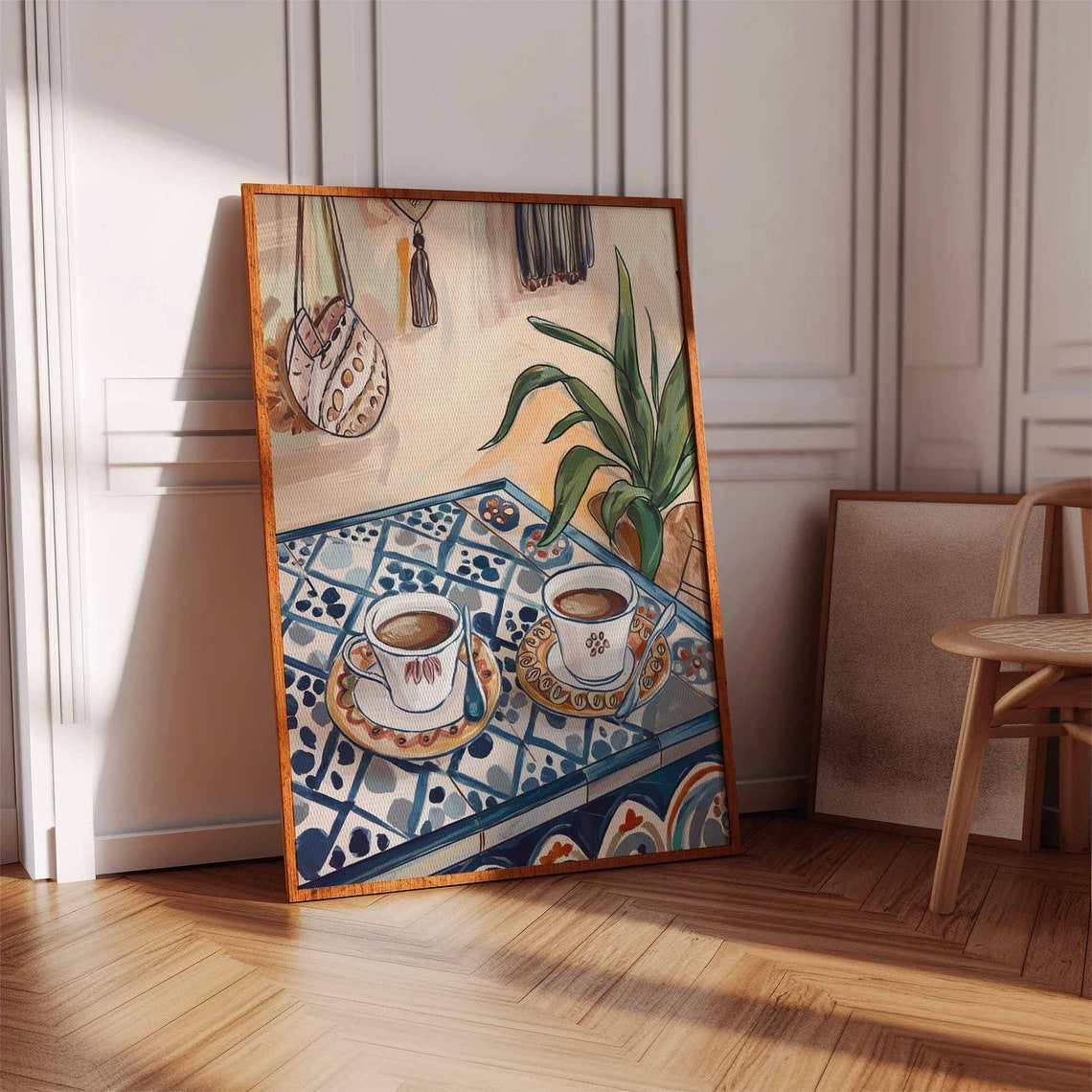 Sunny White Coffee Cups on Blue Tile Table Macrame Art Poster - Image 2