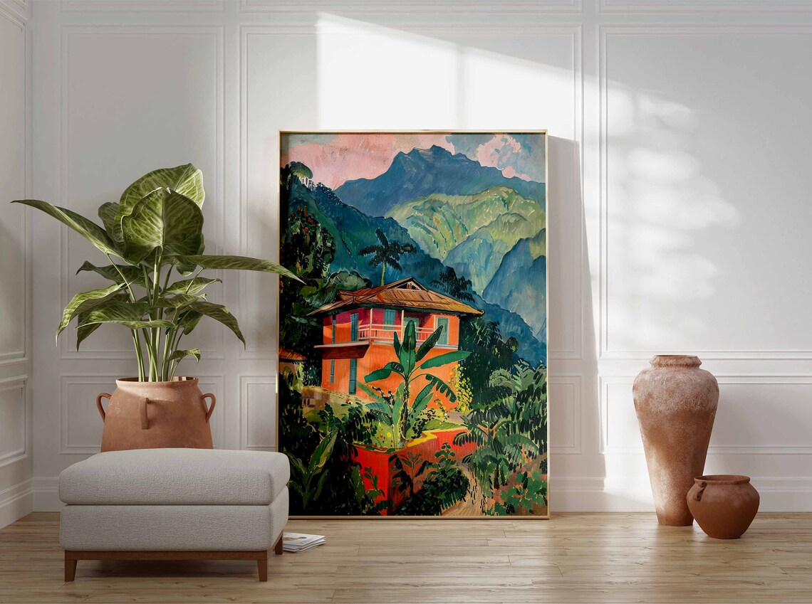 Red Mountain House Among Banana Trees Lush Green Peaks Art Poster - Image 3