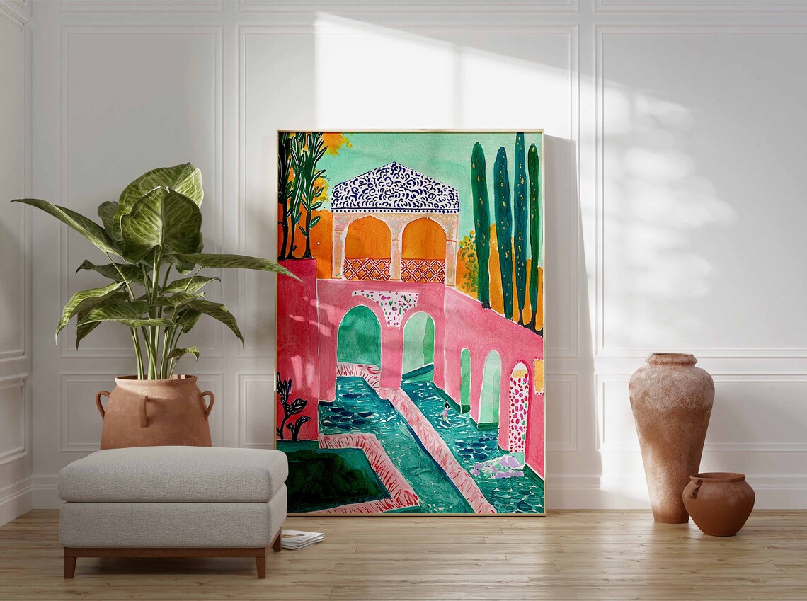 Pink Moroccan Pavilion Patterned Roof Water Channel Art Print - Image 2
