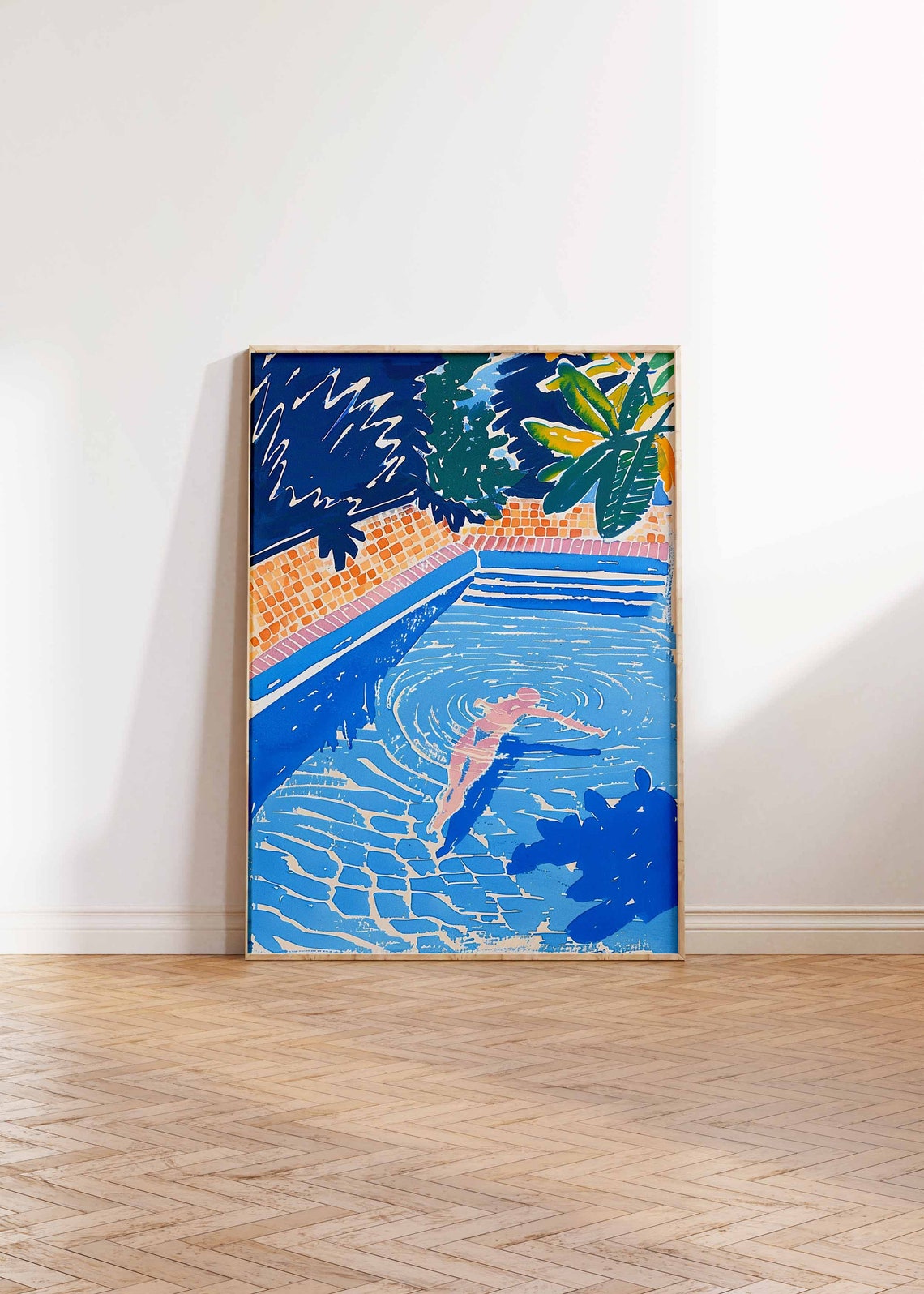 Overhead Blue Swimming Pool Swimmer Painting Poster Summer Water Art - Image 3