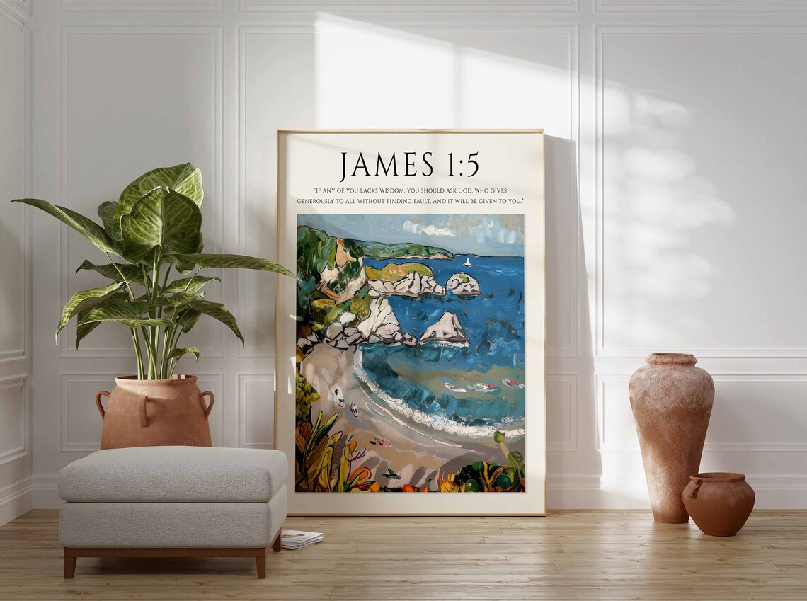 James 1:5 Bible Verse Rocky Coastal Cove Wisdom Seascape Art Print - Image 2