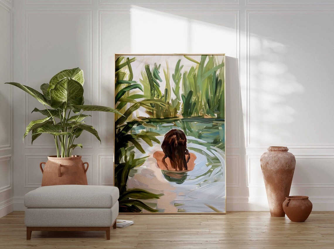 Calm Woman Floating in Reeds Lake Abstract Green Painting Poster - Image 2