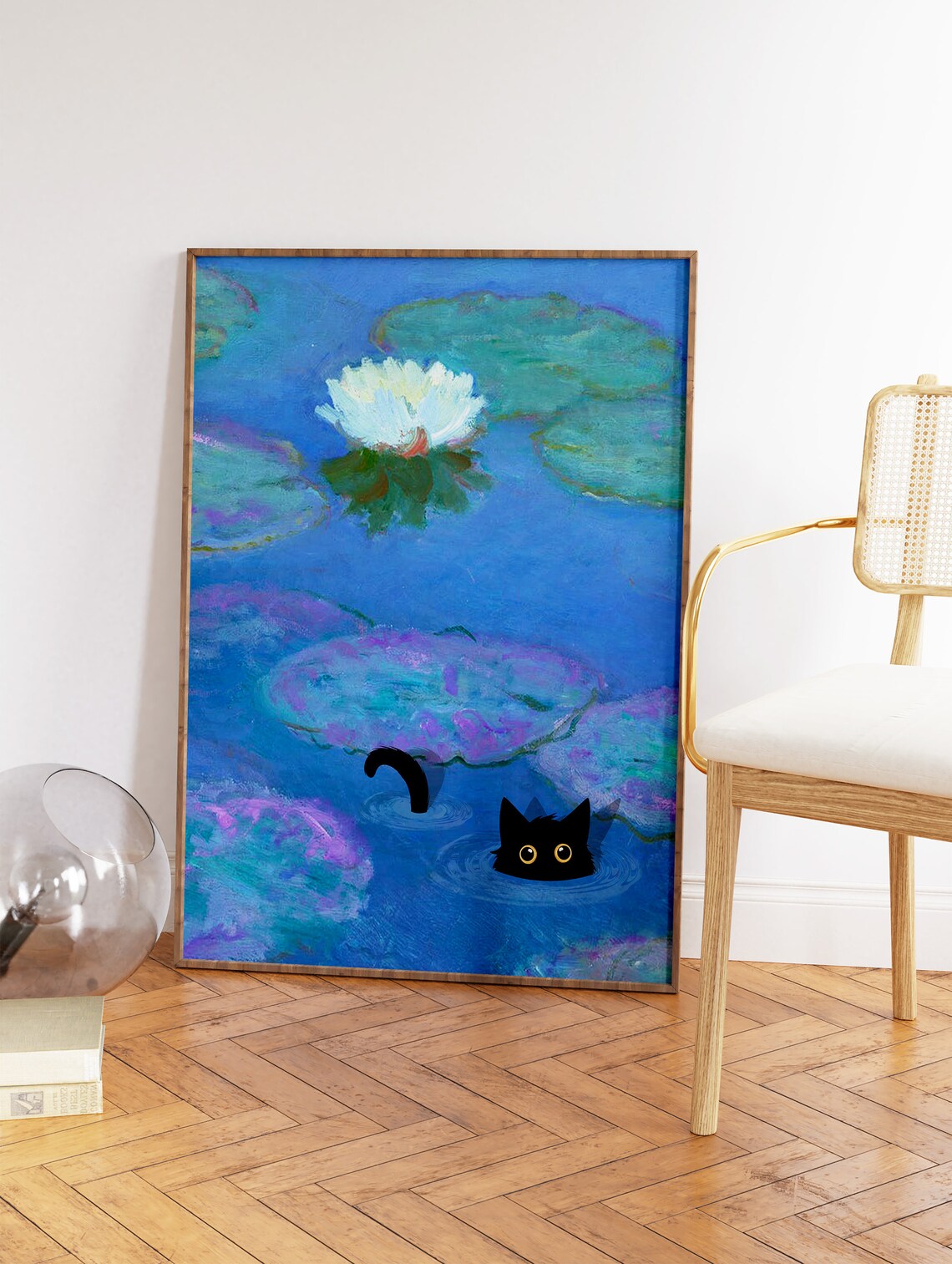 Monet Water Lilies Cat Print Black Cat Swimming Impressionist Art - Image 2