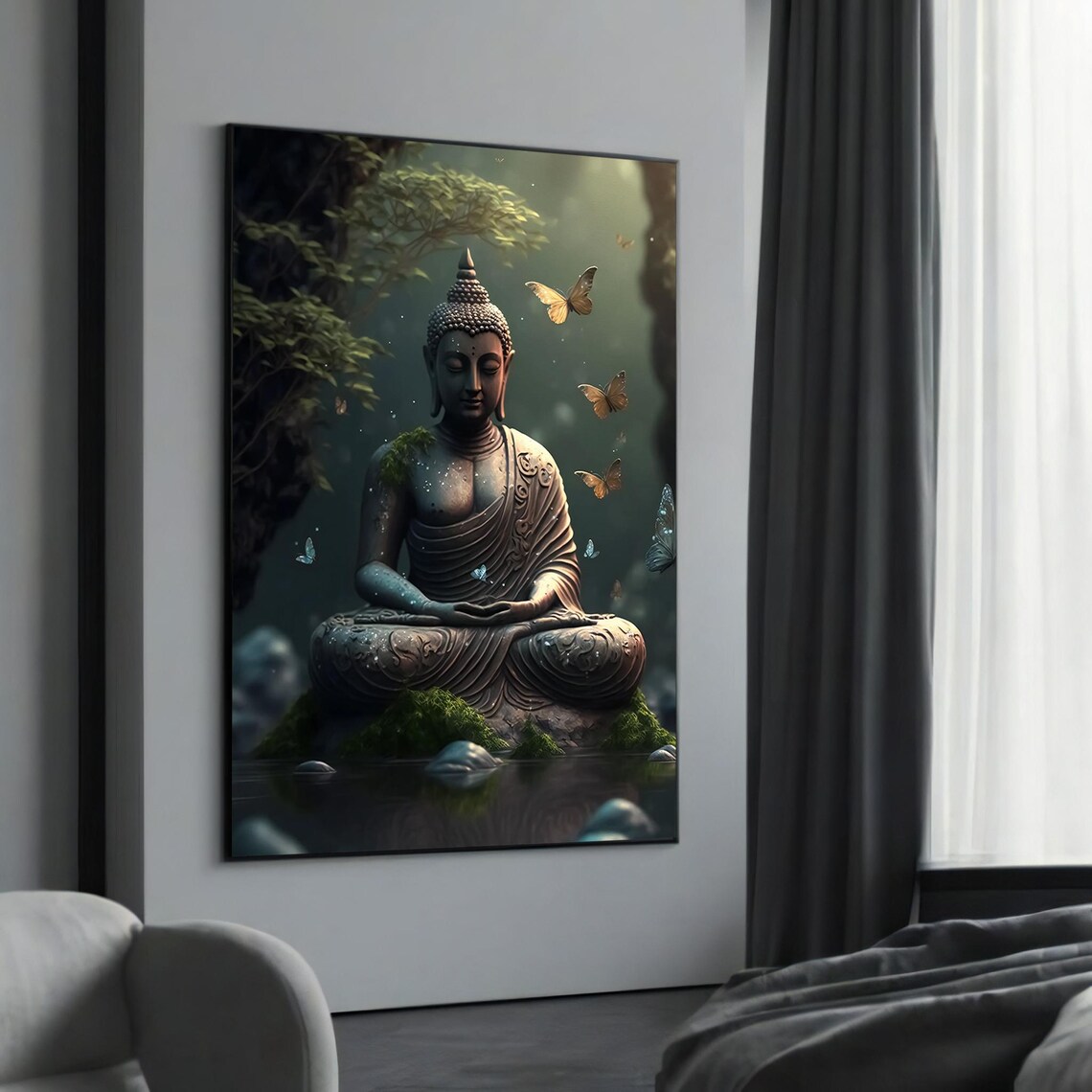Peaceful Meditating Buddha with Butterflies on Mossy Rock Zen Poster
