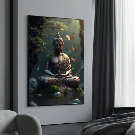 Peaceful Buddha With Butterflies Canvas Art Tranquil Zen Wall Decor Meditative Spiritual Artwork Nature Home Ready To Hang