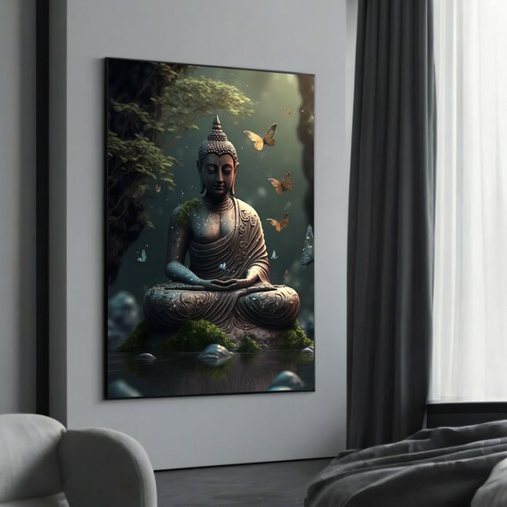 Peaceful Meditating Buddha with Butterflies on Mossy Rock Zen Poster