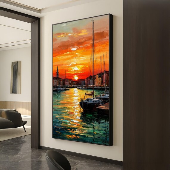 Vibrant Harbor Sunset Sailboats Orange Sky Waterfront Town Painting Poster