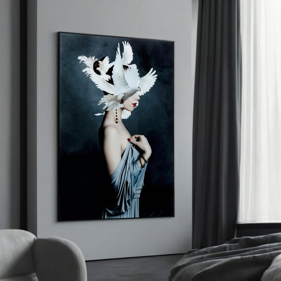 Elegant Woman White Doves Surreal Peaceful Portrait Art Poster