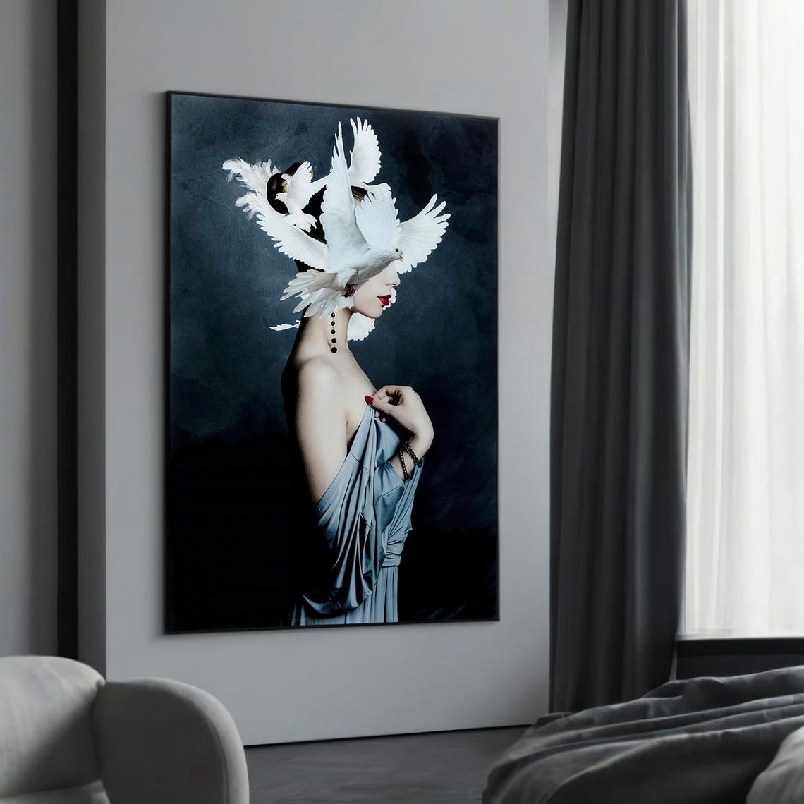 Elegant Woman White Doves Surreal Peaceful Portrait Art Poster