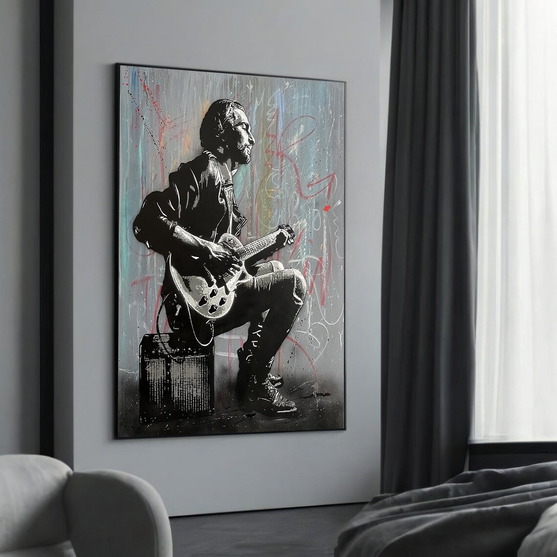 Musician Playing Electric Guitar Stencil Street Art Music Poster