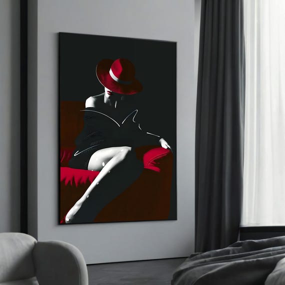 Elegant Woman In Red Hat Canvas Painting Minimalist Feminine Art Bold Wall Decor Unique Gift For Modern Interiors