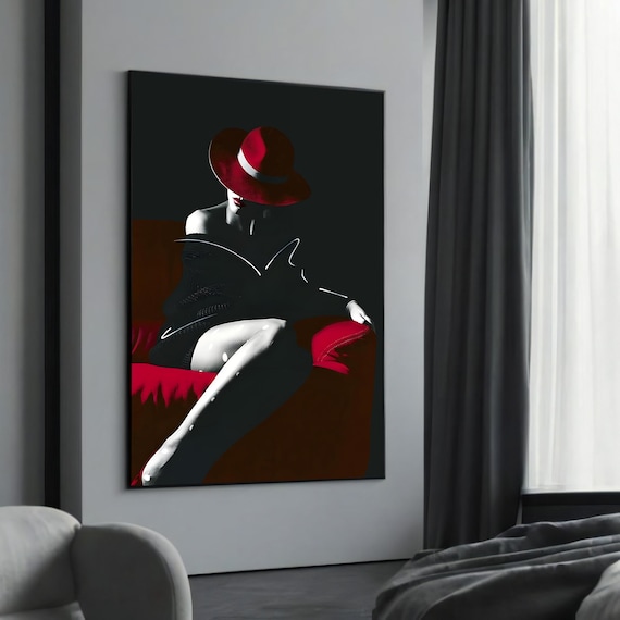 Elegant Woman Red Hat Bold Minimalist Pop Art Portrait Poster