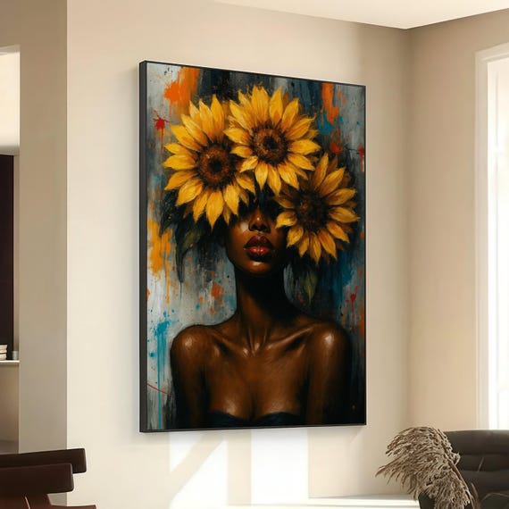 Radiant Sunflower Crown Portrait Afrocentric Canvas Wall Art Modern Female Figure Painting Bold Floral Headpiece Home Decor