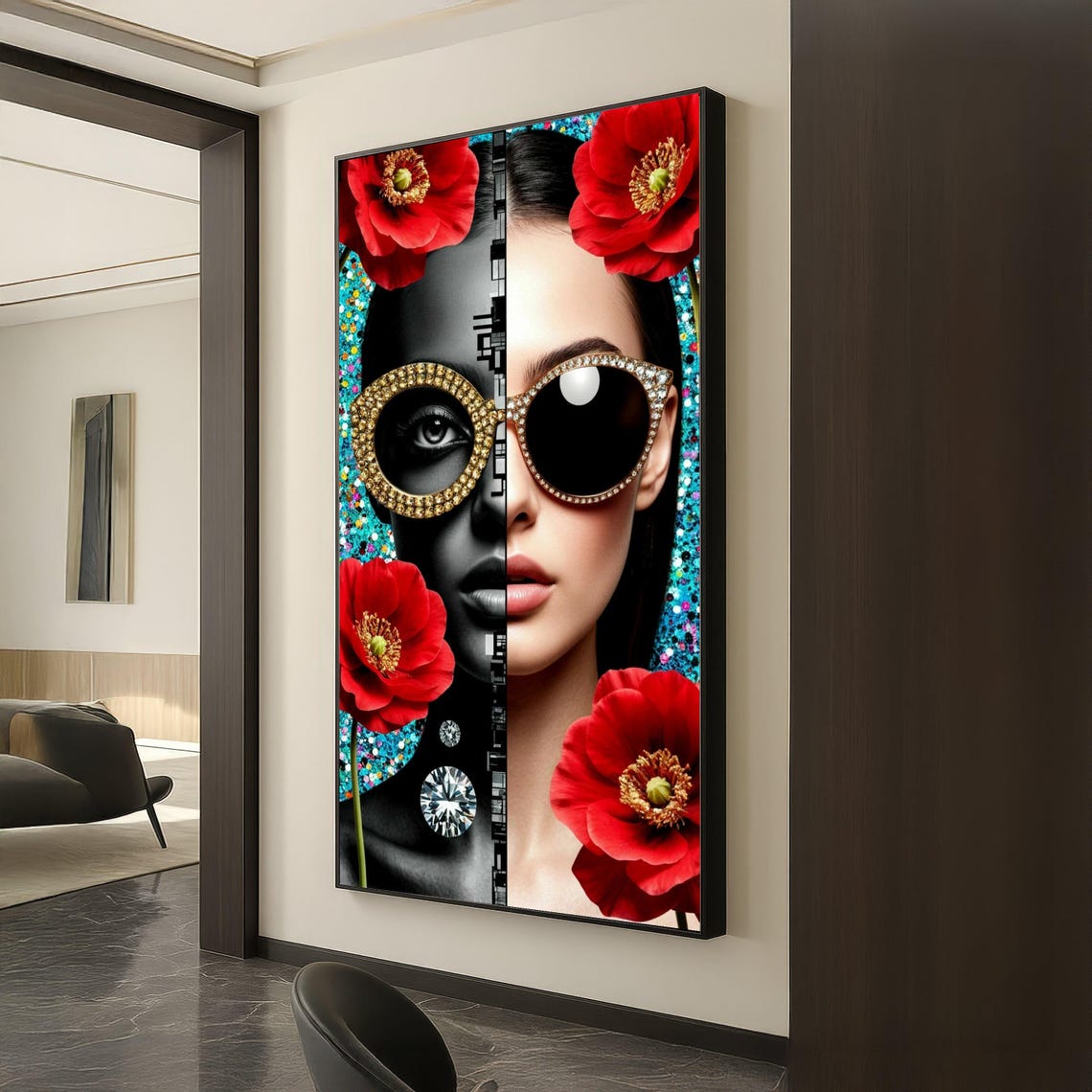 Dual Portrait Rhinestone Sunglasses Red Poppies Bold Pop Art Poster