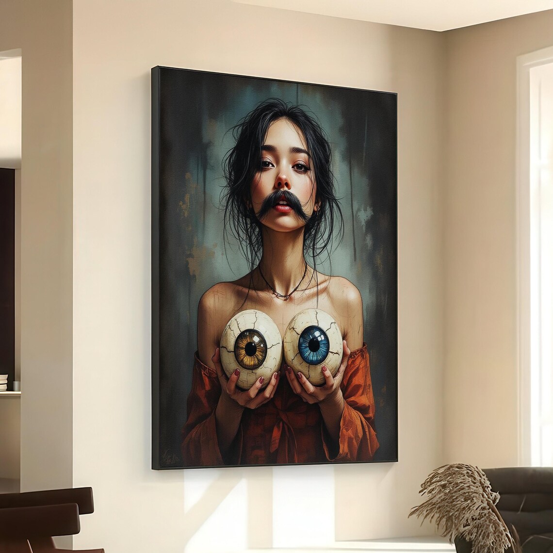Woman Fake Mustache Giant Eyeballs Surreal Quirky Modern Art Poster