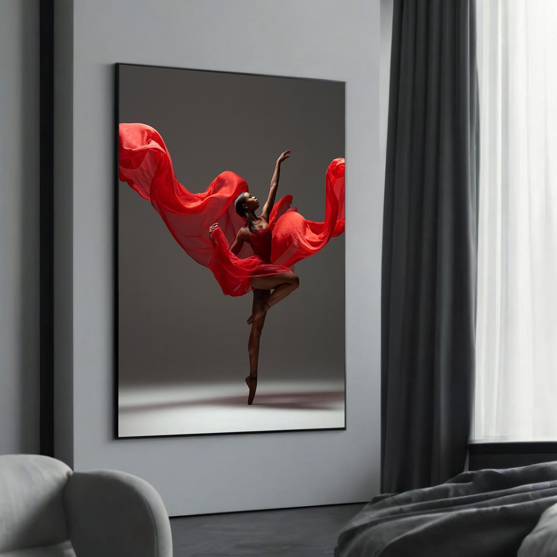 Black Ballerina Red Flowing Dress Dynamic Dance Studio Poster