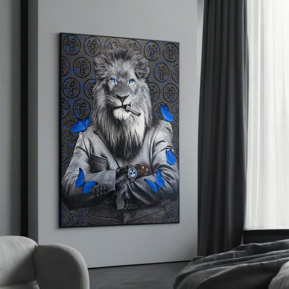 Majestic Lion In Suit With Blue Butterflies Bold Canvas Art For Home Decor And Unique