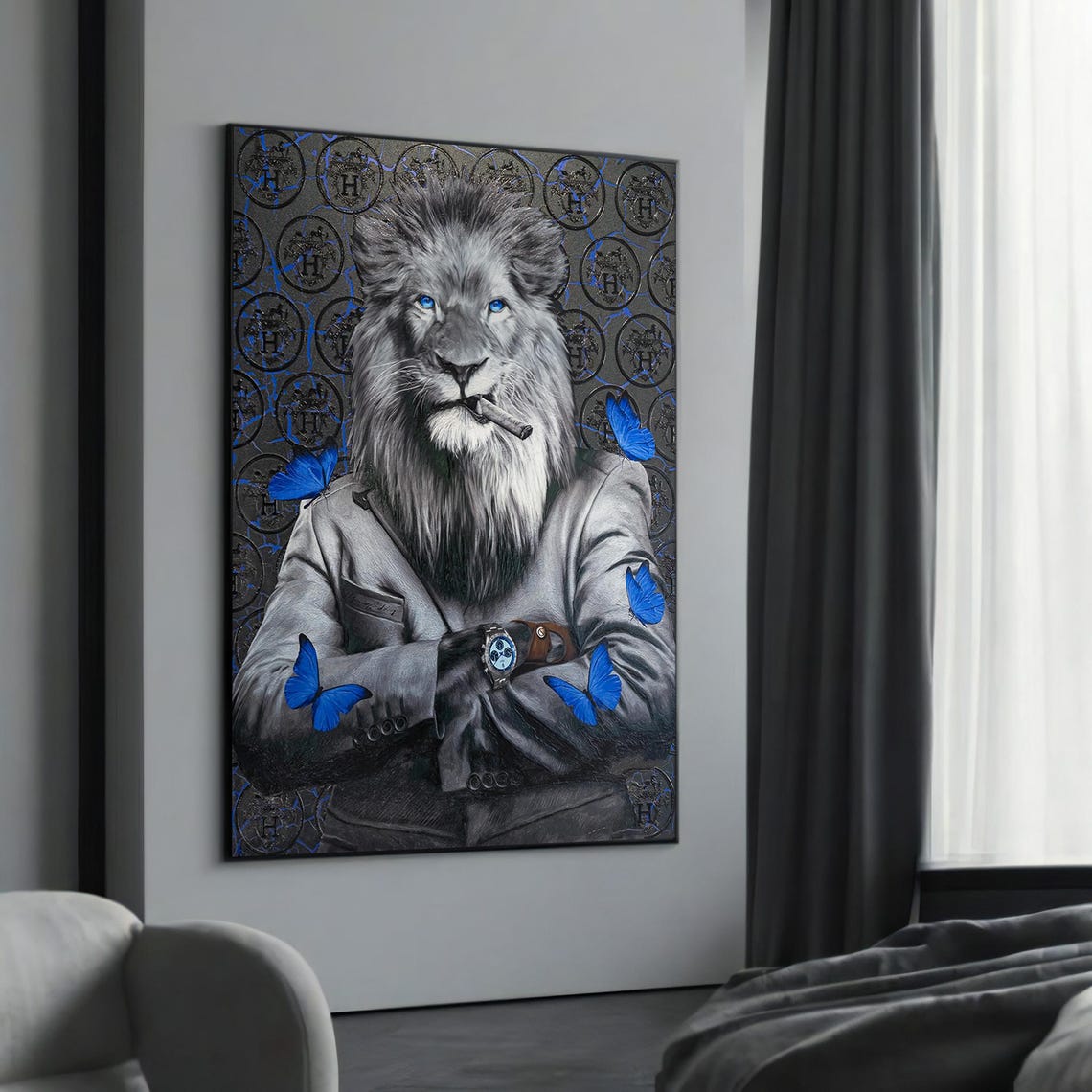 Lion in Grey Suit Cigar Blue Butterflies Luxury Monogram Poster