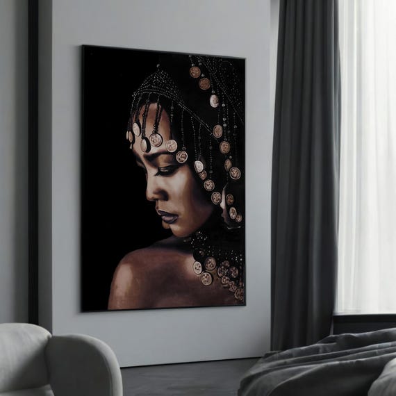 Regal African Woman Canvas Elegant Black And Gold Portrait Cultural Wall Art Framed Ready To Hang