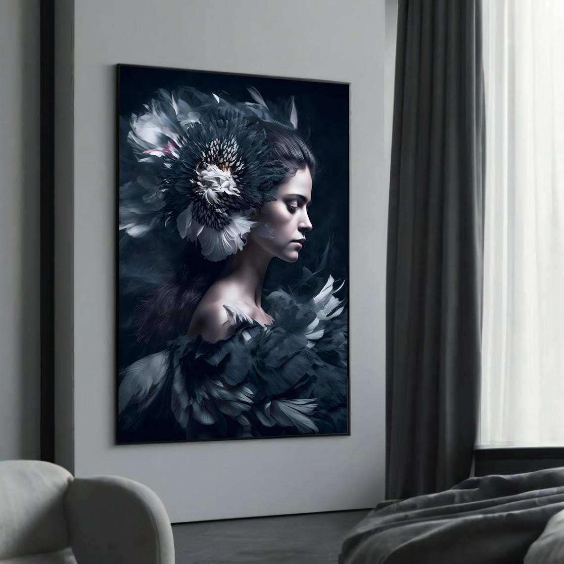Moody Feathered Flower Crown Woman Elegant Surreal Art Poster