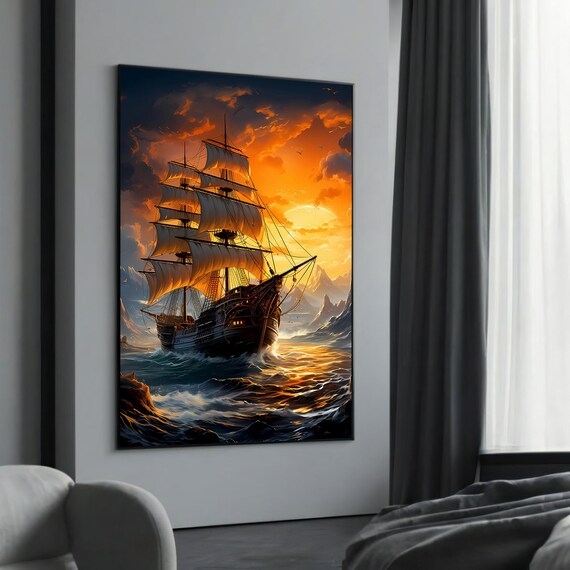 Tall Ship with White Sails at Golden Sunset Stormy Sky Poster