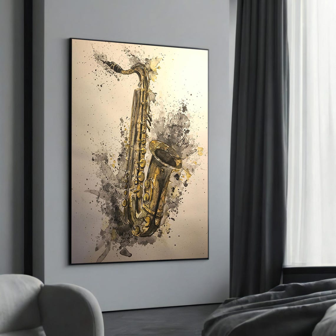 Golden Saxophone Watercolor Splash Jazz Music Room Wall Poster