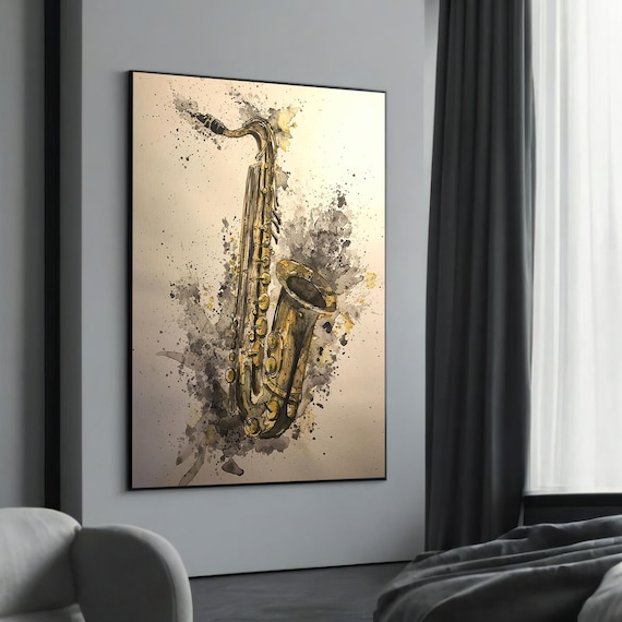Golden Saxophone Watercolor Splash Jazz Music Room Wall Poster
