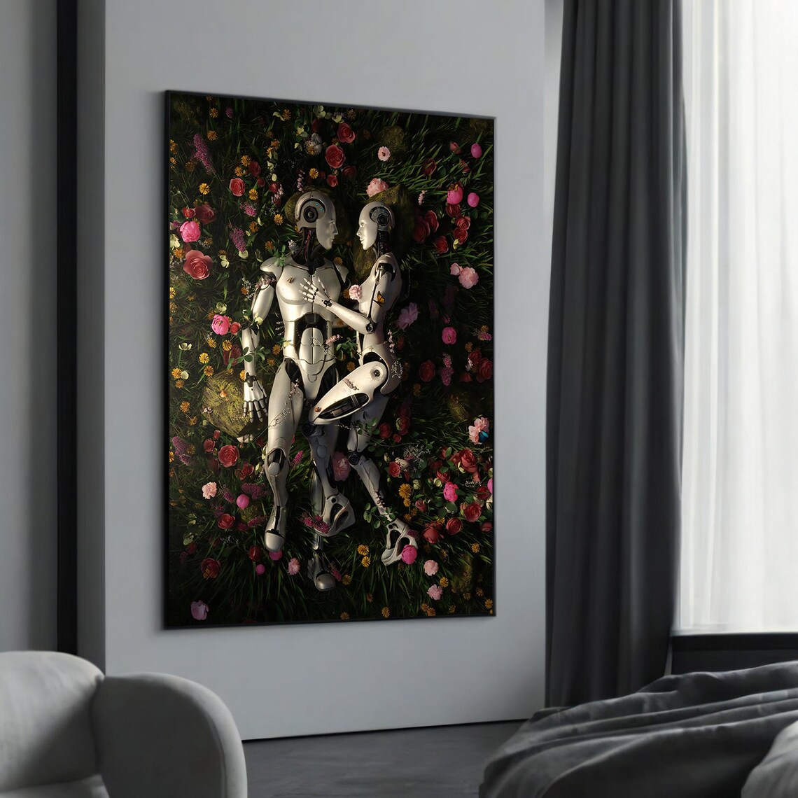 Romantic Robots Embracing In Field Of Flowers Surreal Art Poster