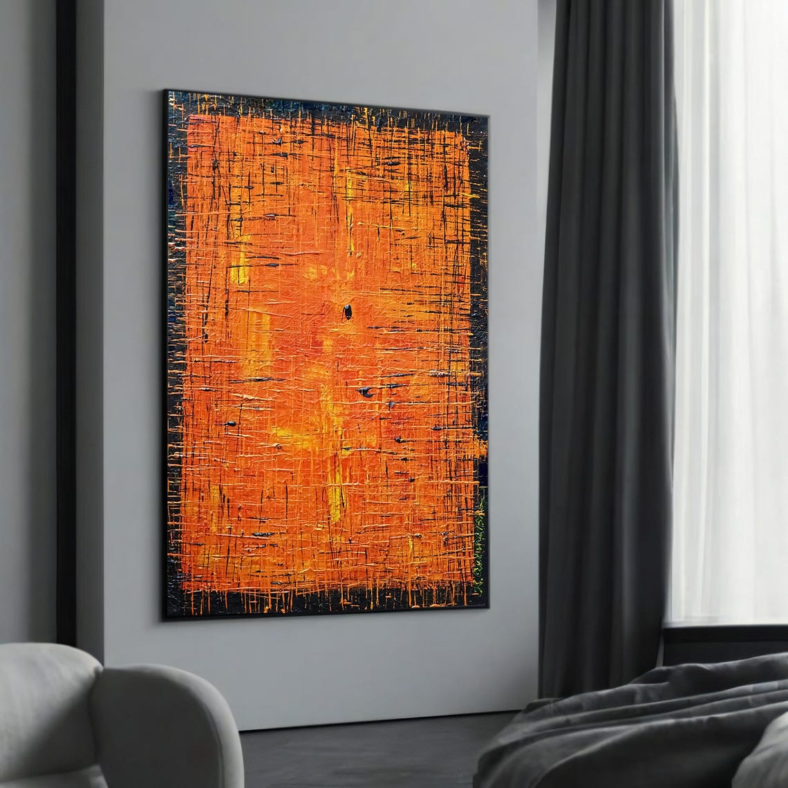 Bold Abstract Canvas Art Vibrant Orange And Black Geometric Design Modern Wall Decor Gift